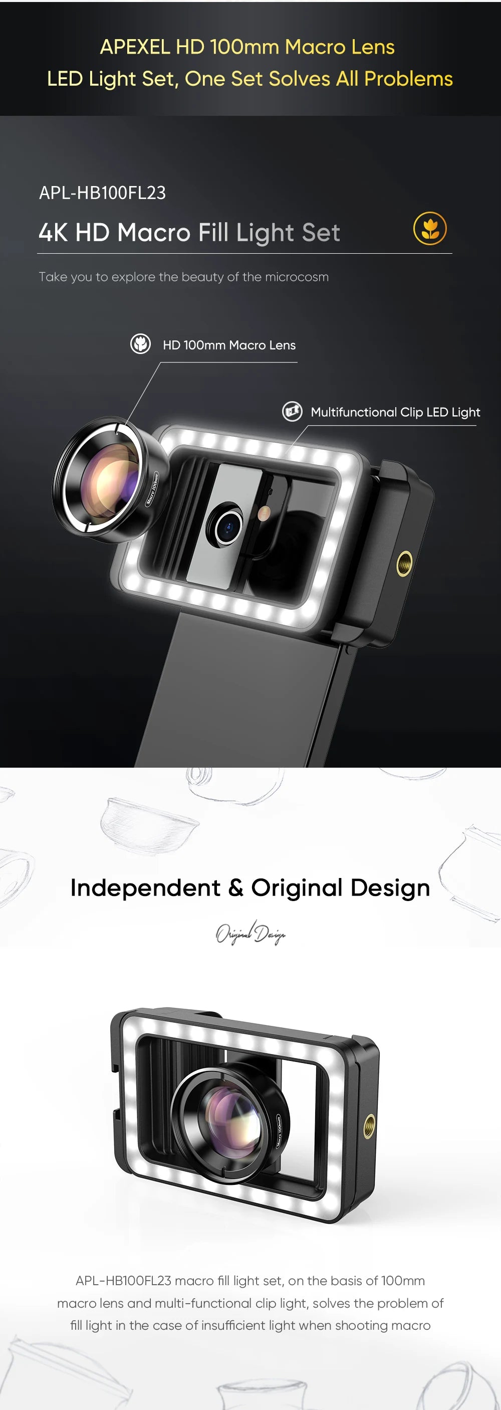 Lente Macro 4K HD 100mm APEXEL con Luz LED para Smartphone