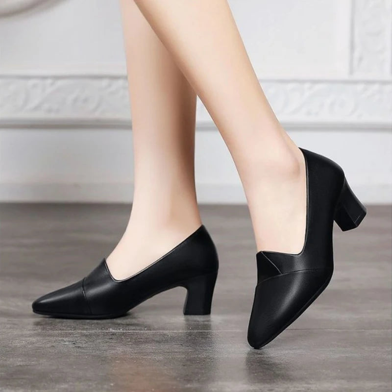 Zapatos de Tacón Grueso con Punta en Pico para Mujer, Zapatos de Oficina y Carrera, Corte en V, Acabado Mate, Clásicos, Elegantes y Cómodos