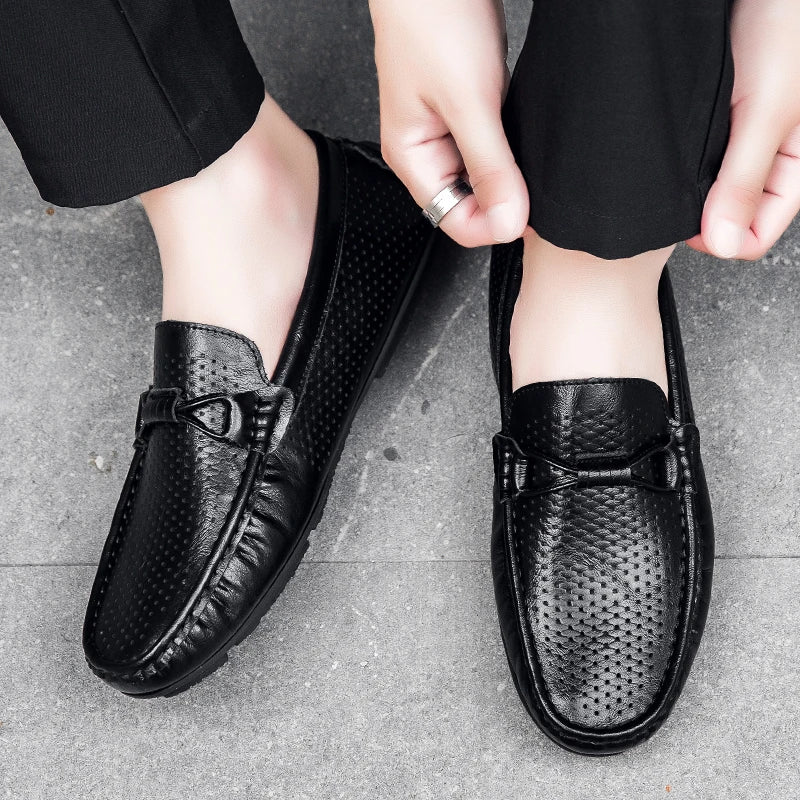 Mocasines de cuero genuino sin cordones para hombre, elaborados a mano