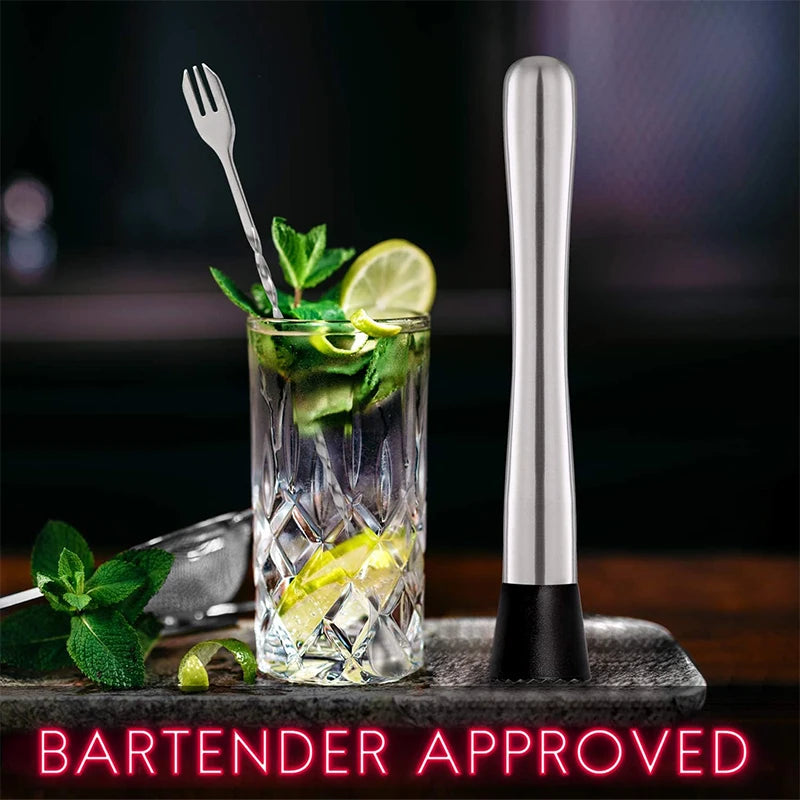 LMETJMA Muddler de cóctel de acero inoxidable de 10 pulgadas y cuchara mezcladora, juego profesional de puddler de cóctel para Bar para mojitos JT201