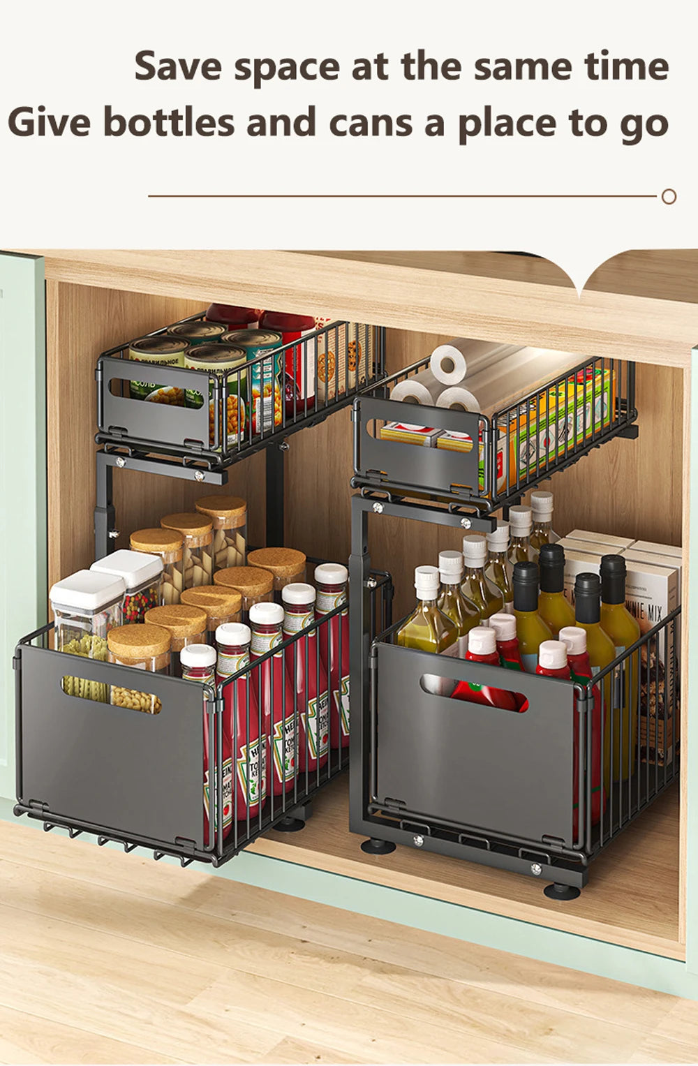 Organizador de gabinete extraíble de 2 niveles, estante de almacenamiento de cocina ajustable, organizador debajo del fregadero, estante de almacenamiento para tarros de especias, cajón deslizante
