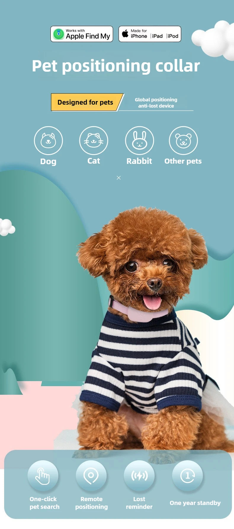 Rastreador GPS para Mascotas a Distancia, Resistente al Agua, Seguimiento en Tiempo Real, Alerta de Movimiento, Collar Antipérdida para Perros y Gatos, Localizador Global para la Aplicación Apple Find