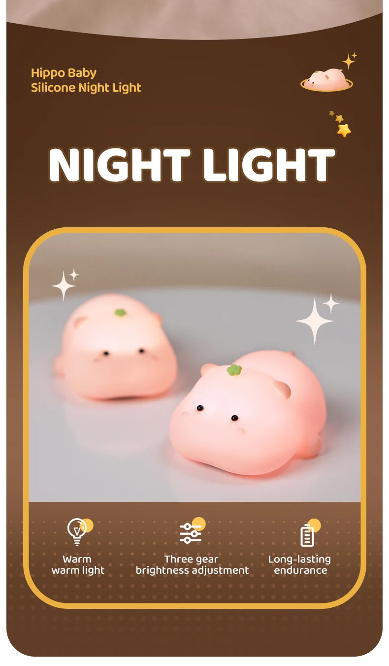 Luz nocturna de hipopótamo rosa para niños, Linda luz nocturna de silicona, carga USB, lámpara de sincronización táctil, decoración de escritorio, regalo