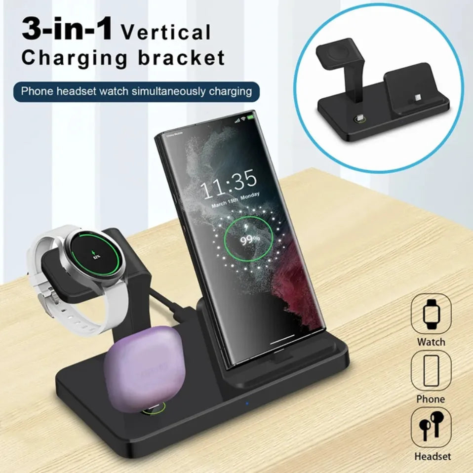 Base de Carga Inalámbrica 3 en 1 de 15W para Samsung S26 S25 S24 Galaxy Watch 8/7/6/5/4 Buds Pro4/3 con Puerto Tipo C, Estación de Carga Rápida