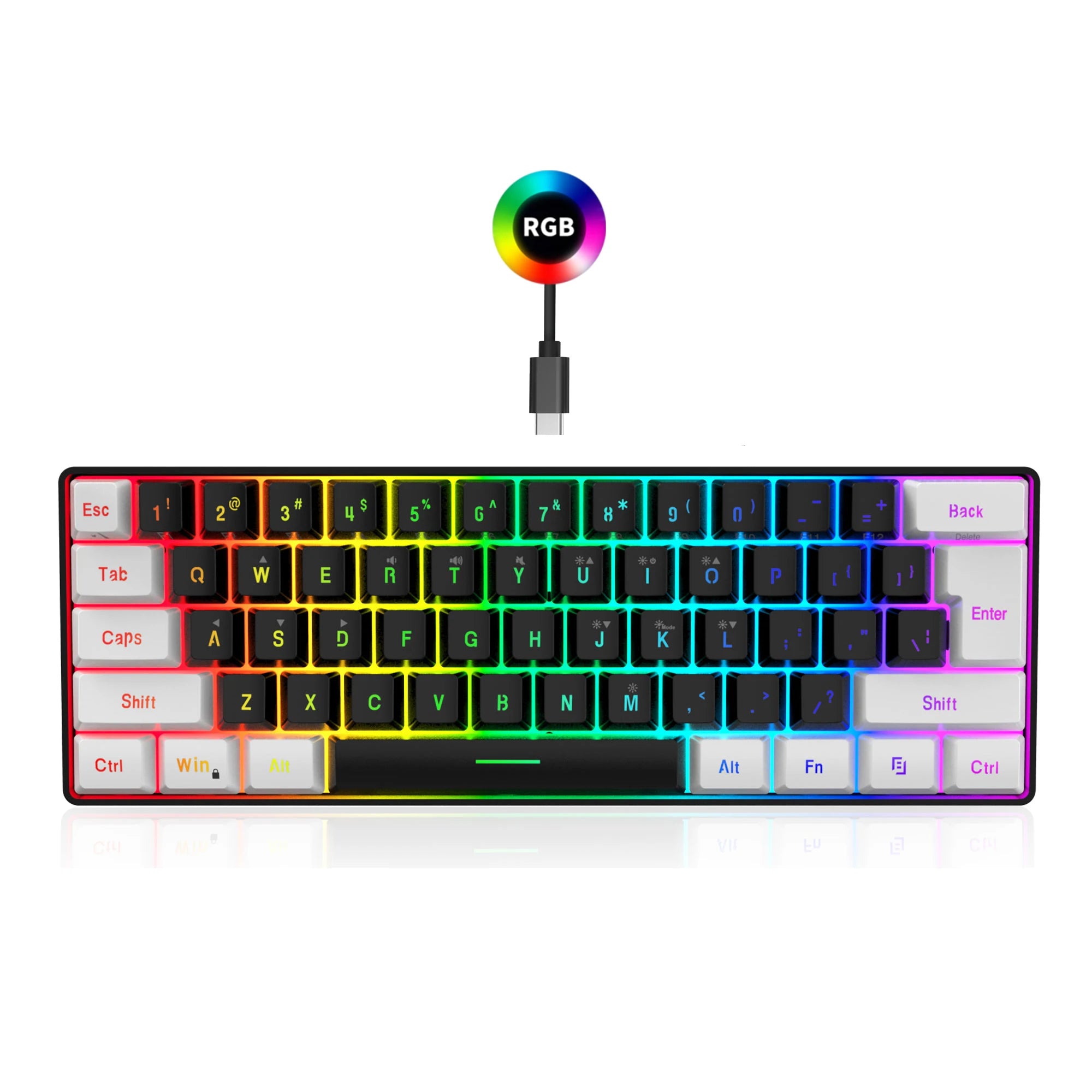 HXSJ-60% Juego de teclado y ratón retroiluminado RGB, teclado con cable de 61 teclas, ratón inalámbrico óptico para juegos de 3 modos para ordenador portátil y PC