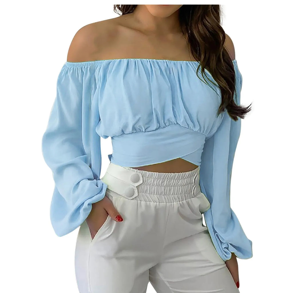 Blusa con Hombros Descubiertos y Lazo de Manga Larga