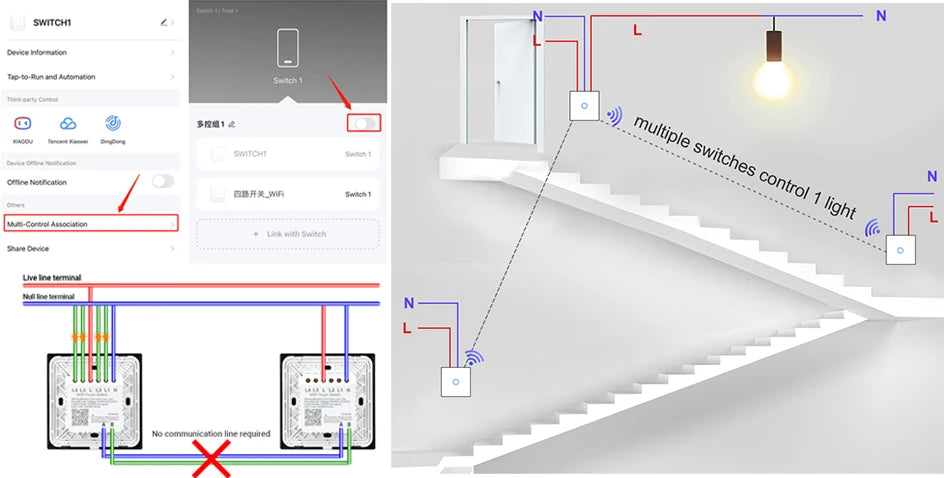 Interruptor inteligente de encendido y apagado con WiFi, dispositivo con botón de encendido de 220V, para pared, Alexa, Google Home, sin cable neutro, UE, dos vías
