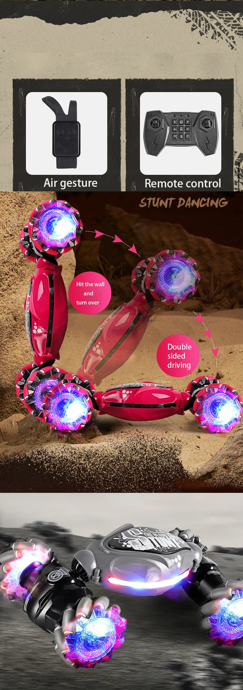Auto RC Drift 4WD con Luces LED, Música y Spray 360° Control Remoto