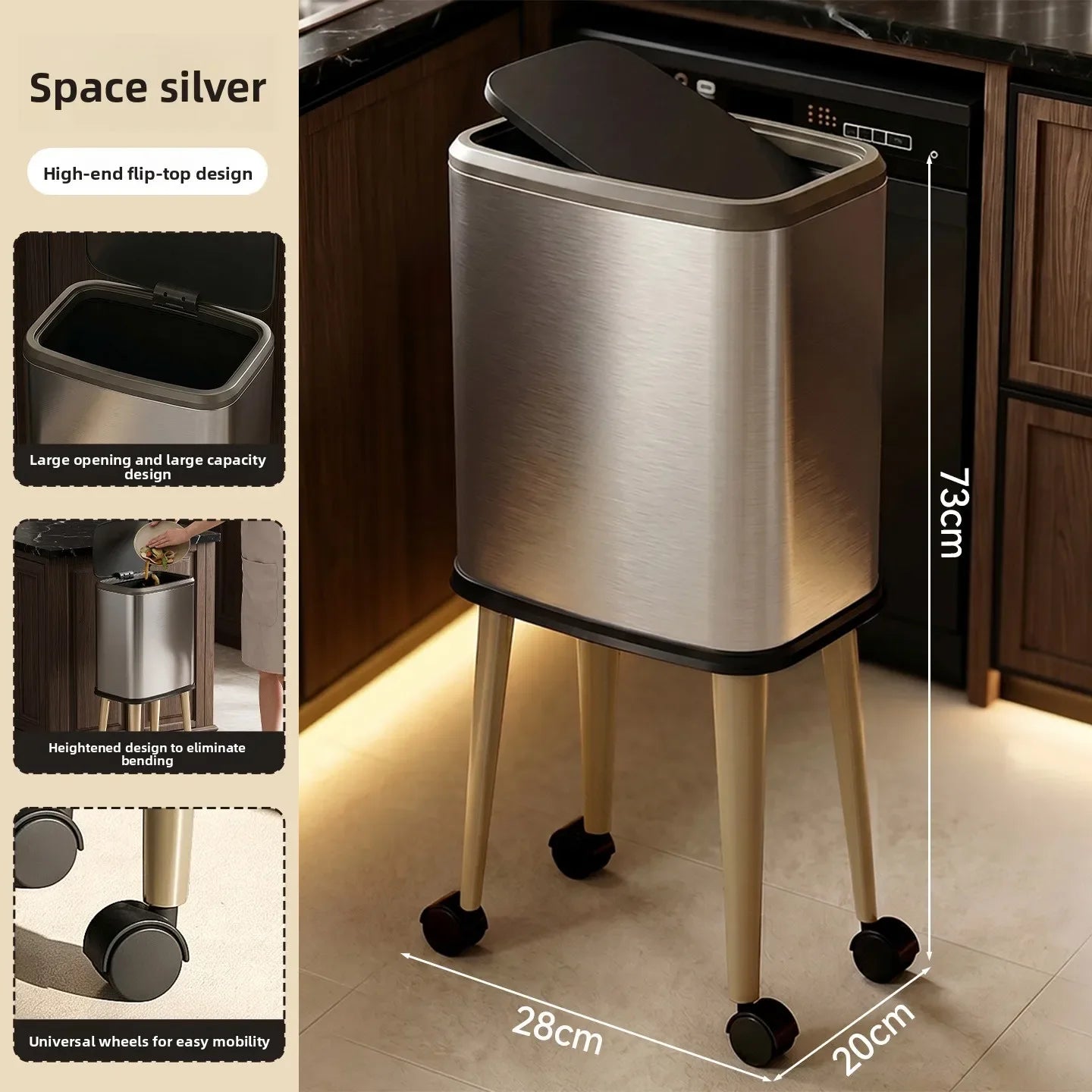 Cubo de basura rodante de acero inoxidable con tapa, 15 litros