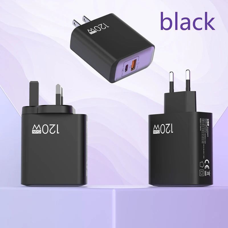 Cargador GaN 120W A+C EU/US/UK con Carga Rápida para Móviles