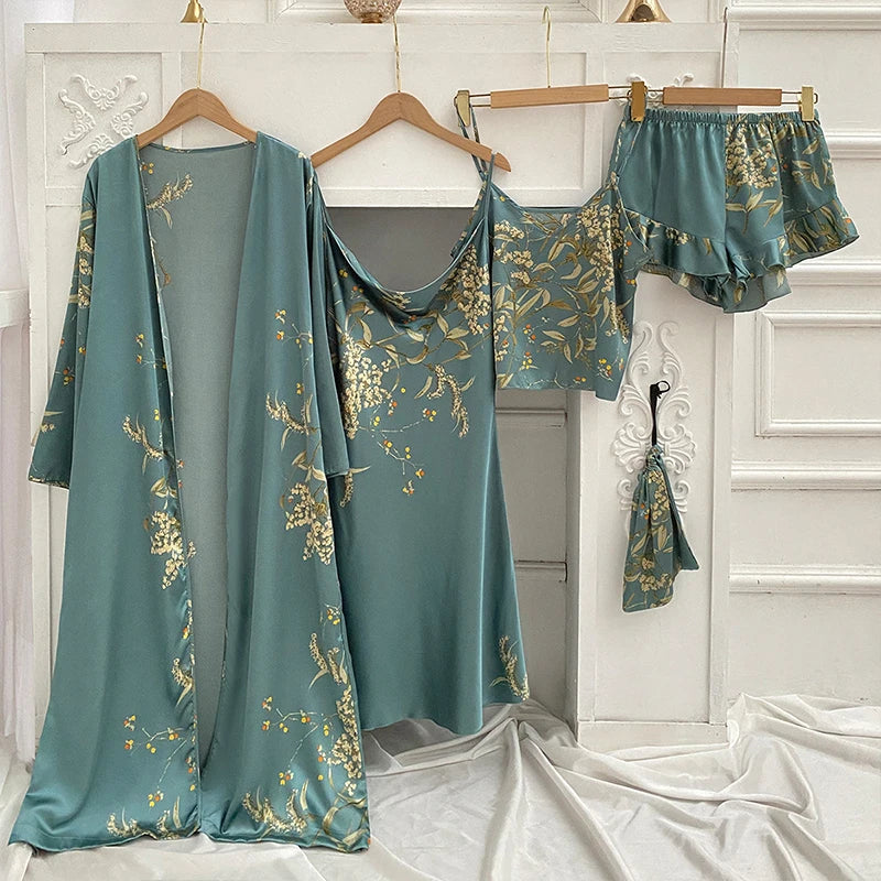 Pijama de Satén 4 Piezas para Mujer | Bata, Camisón y Conjunto