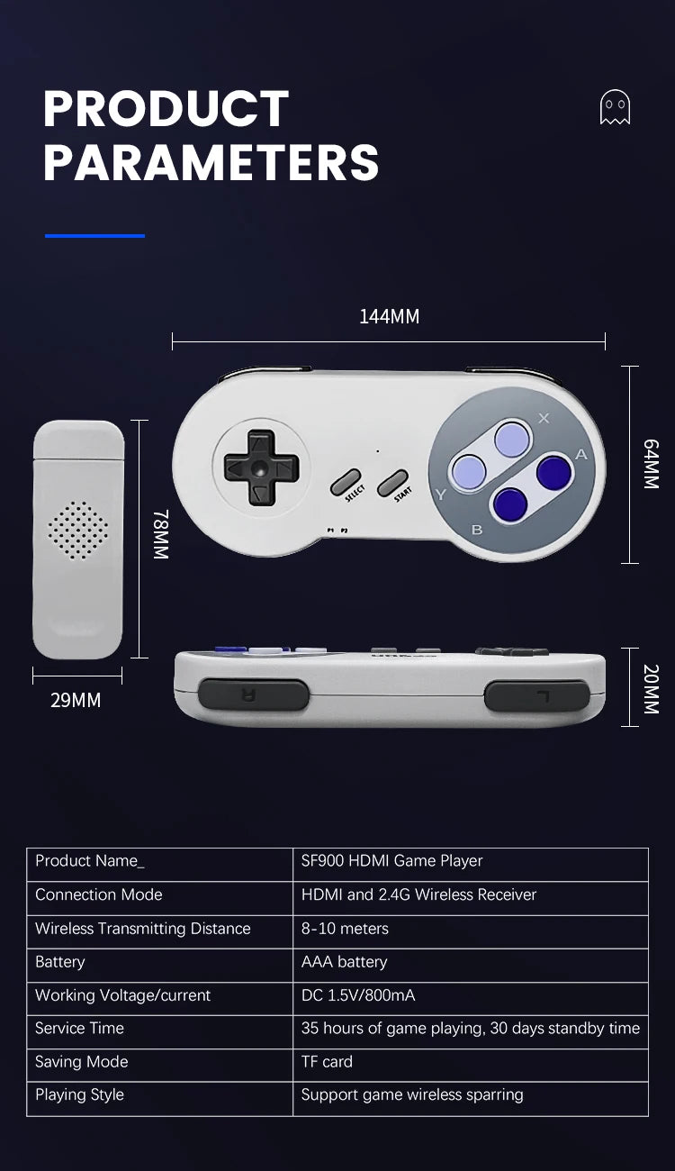 Consola de Videojuegos Retro SF900 1080P HD, Consola de Juegos para TV con Más de 5000 Juegos Clásicos de SNES, 2 Controles Inalámbricos, Plug and Play, Juegos para el Hogar