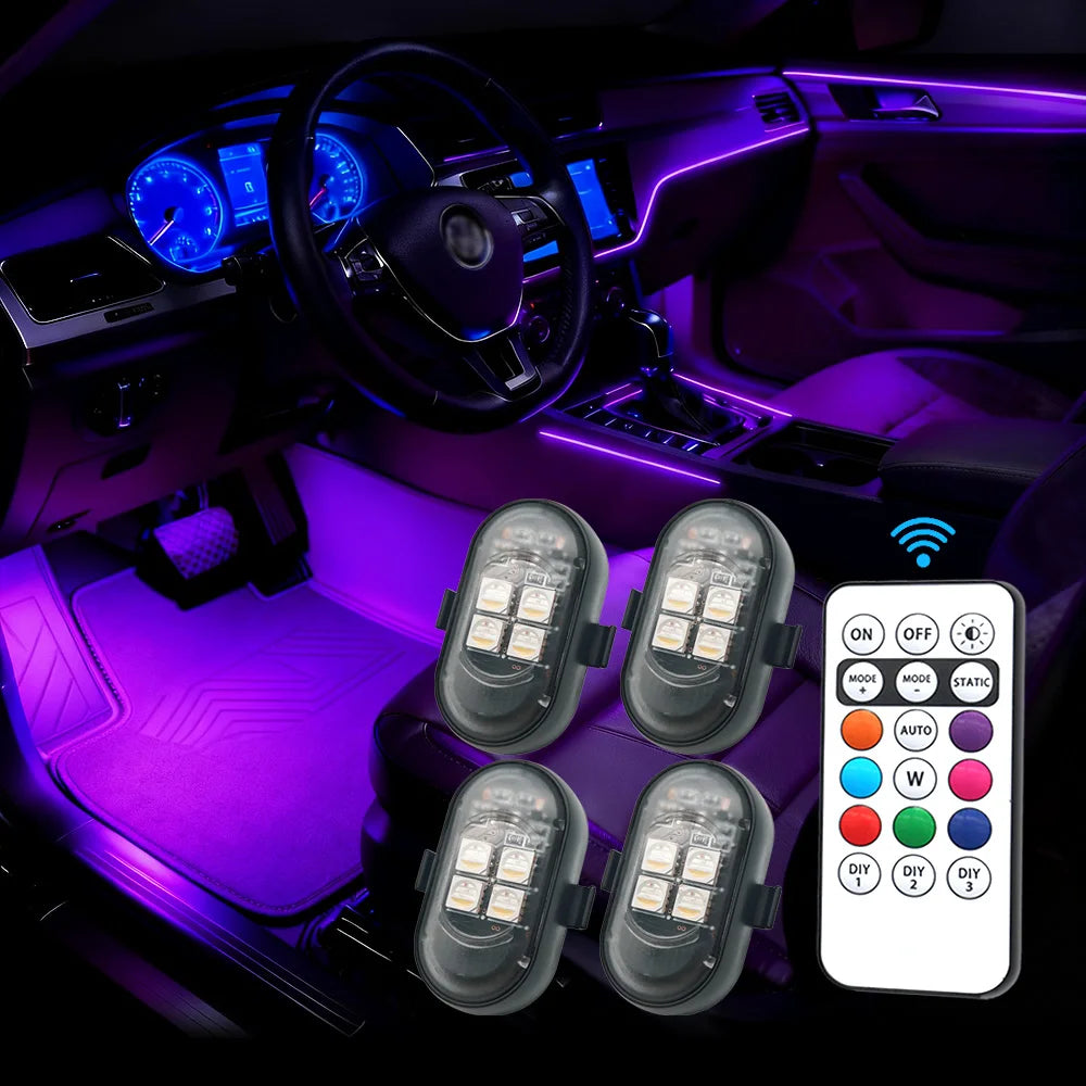 Kit de luz LED recargable para coche, luz LED que cambia de Color RGB con Control remoto, lámpara de ambiente decorativa para motocicleta y coche