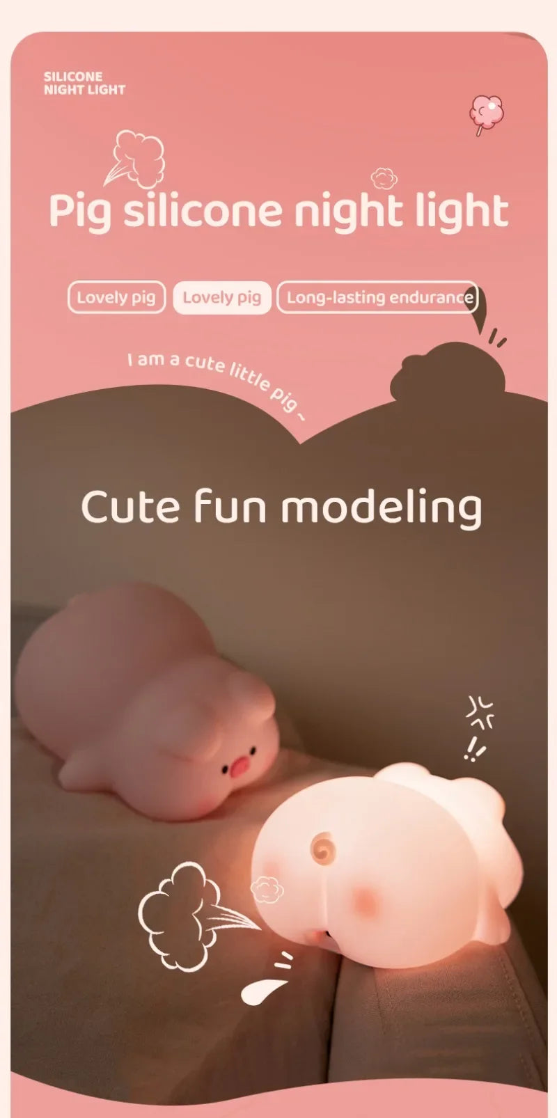 Luz nocturna de cerdito rosa, bonita luz nocturna de silicona, lámpara LED Pat, decoración de habitación, carga USB, lámpara de ambiente interior, regalo para niños