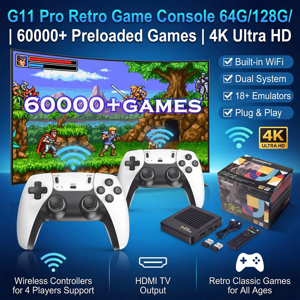 Reproductor multimedia y de juegos portátil G11 PRO 2 en 1 con pantalla 4K HD, chip de rendimiento estable, gran cantidad de juegos clásicos y casuales preinstalados y mandos inalámbricos; ideal para reuniones familiar