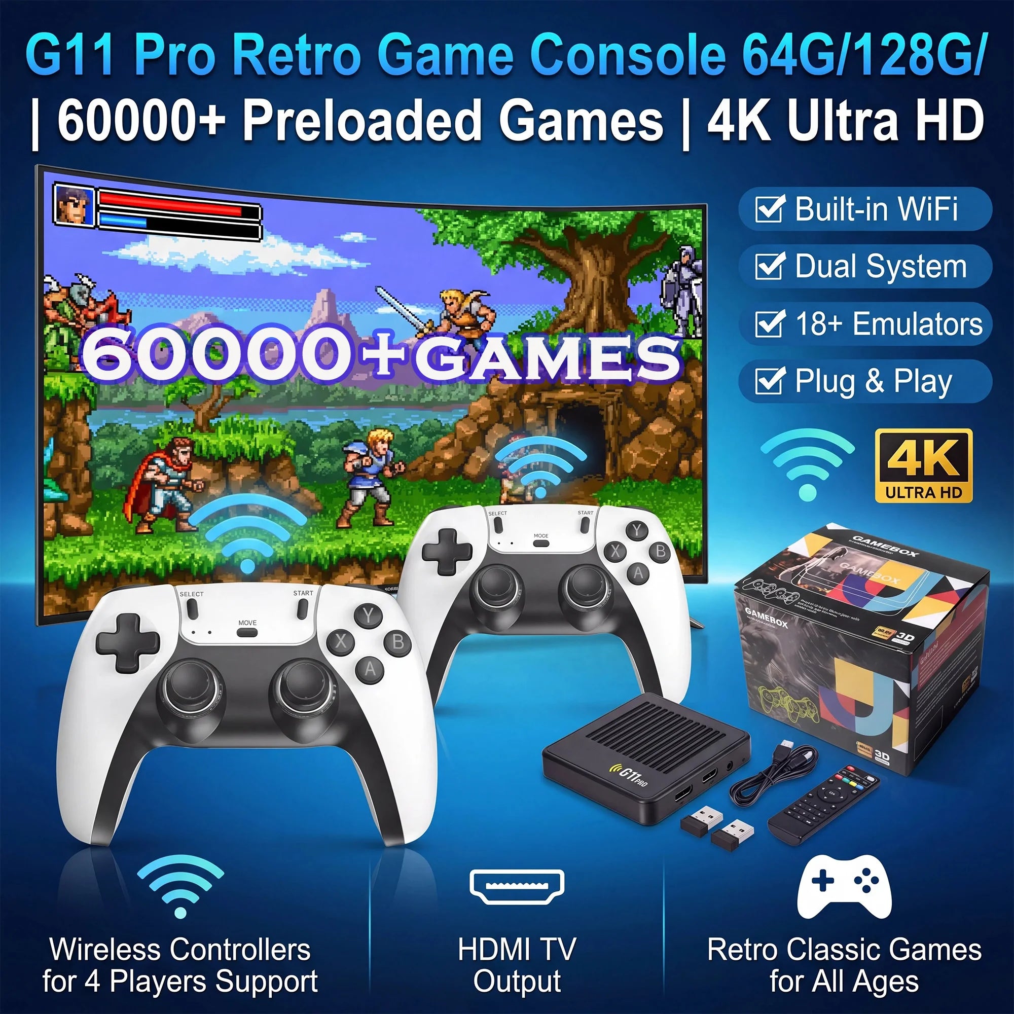 Reproductor multimedia y de juegos portátil G11 PRO 2 en 1 con pantalla 4K HD, chip de rendimiento estable, gran cantidad de juegos clásicos y casuales preinstalados y mandos inalámbricos; ideal para reuniones familiar