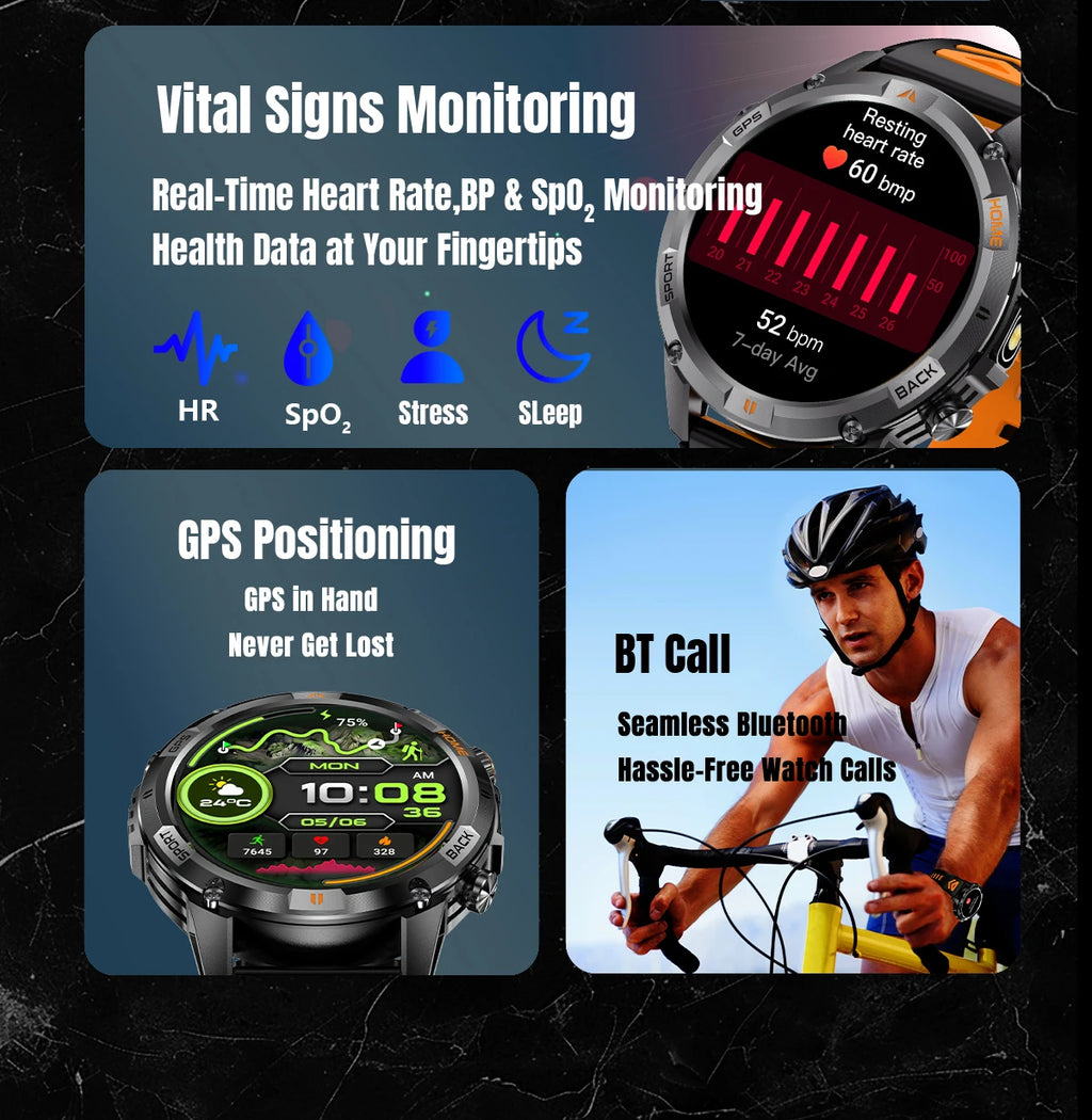 2026 nuevo reloj inteligente militar GPS para hombres construcción GPS linterna LED 10ATM impermeable ritmo cardíaco deporte BT llamada HD AMOLED Smartwatch