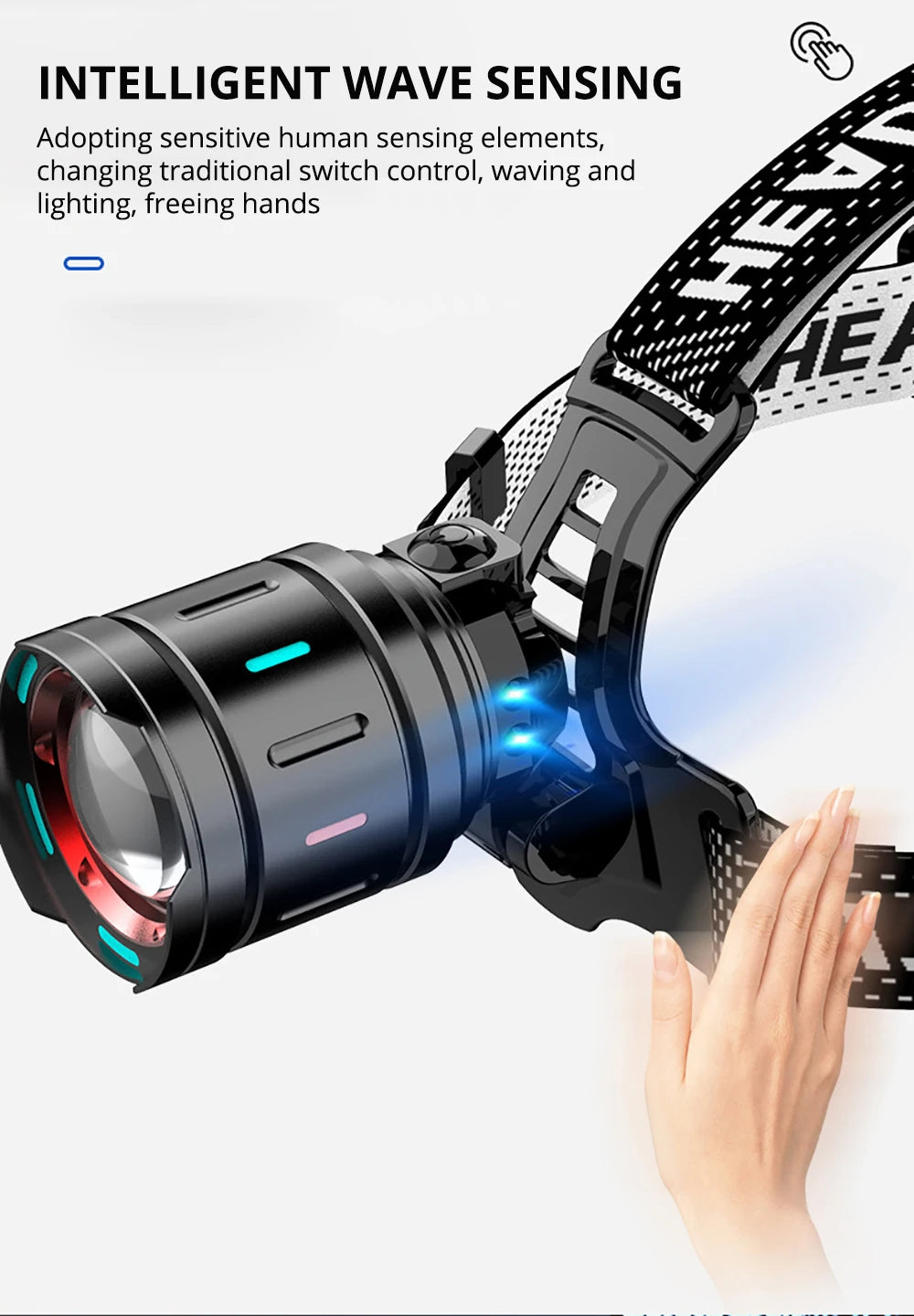 Linterna Frontal LED 800W Recargable, Sensor IR, Alcance 5000m