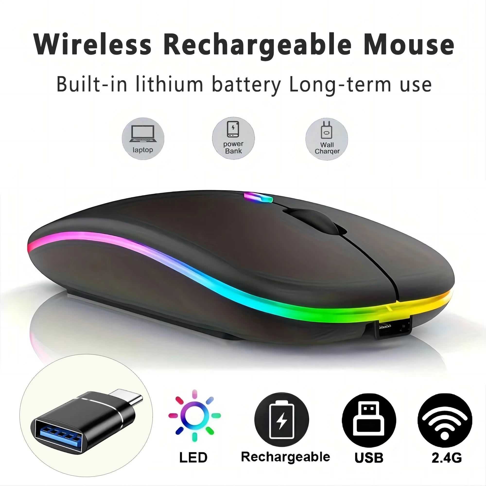 Ratón inalámbrico recargable con retroiluminación LED Bluetooth con adaptador tipo C ratón para juegos adecuado para MAC/portátil/PC/Windows