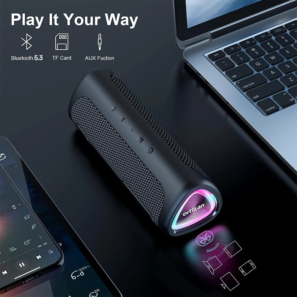 Altavoz Bluetooth Ortizan M7 portátil, sonido potente de 24W, graves ricos, resistente al agua IPX7, tiempo de reproducción 30H, luces coloridas