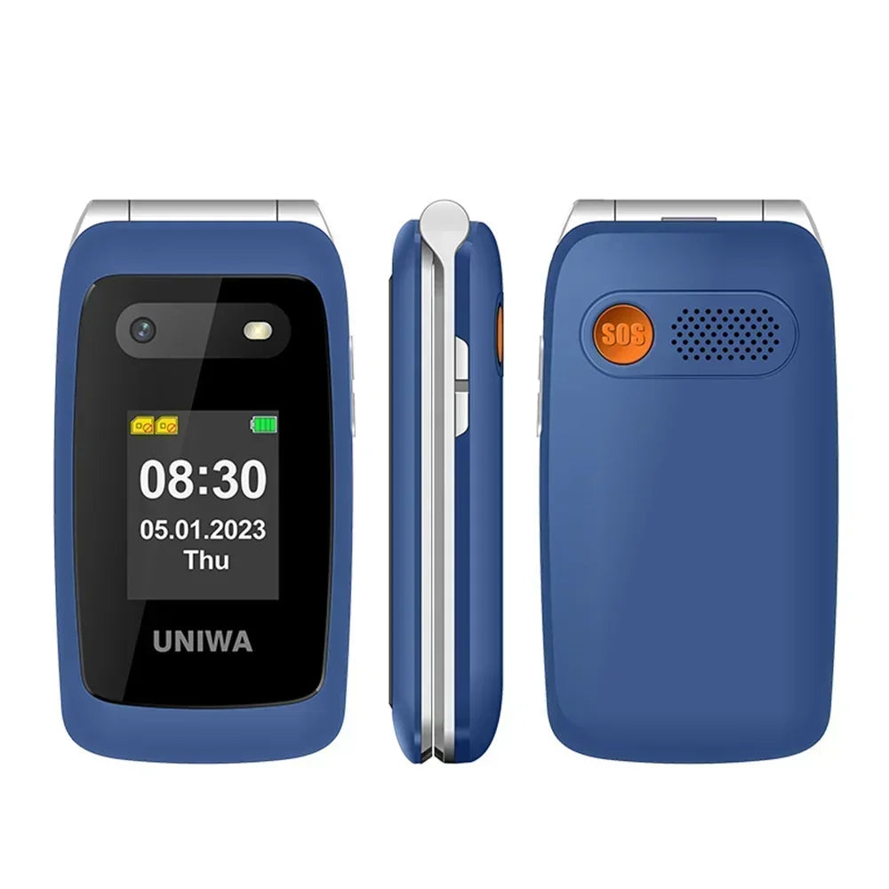 UNIWA V202T teléfono abatible pantalla Dual botón grande tarjetas SIM duales red 4G soporte para teléfono móvil base de carga para personas mayores