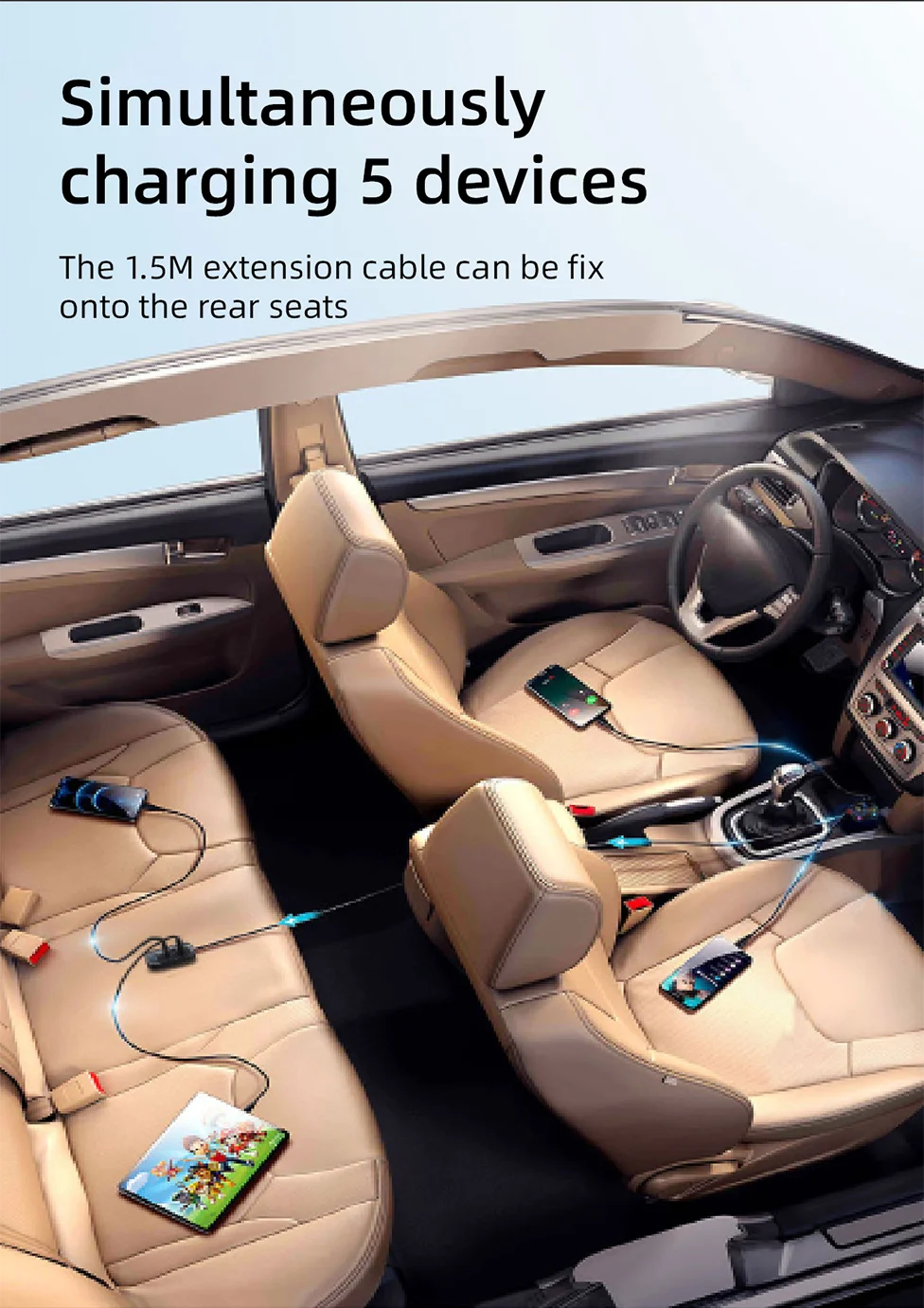 Cargador de Auto PD30W 5 Puertos con USB-C y Extensión para Asientos Traseros