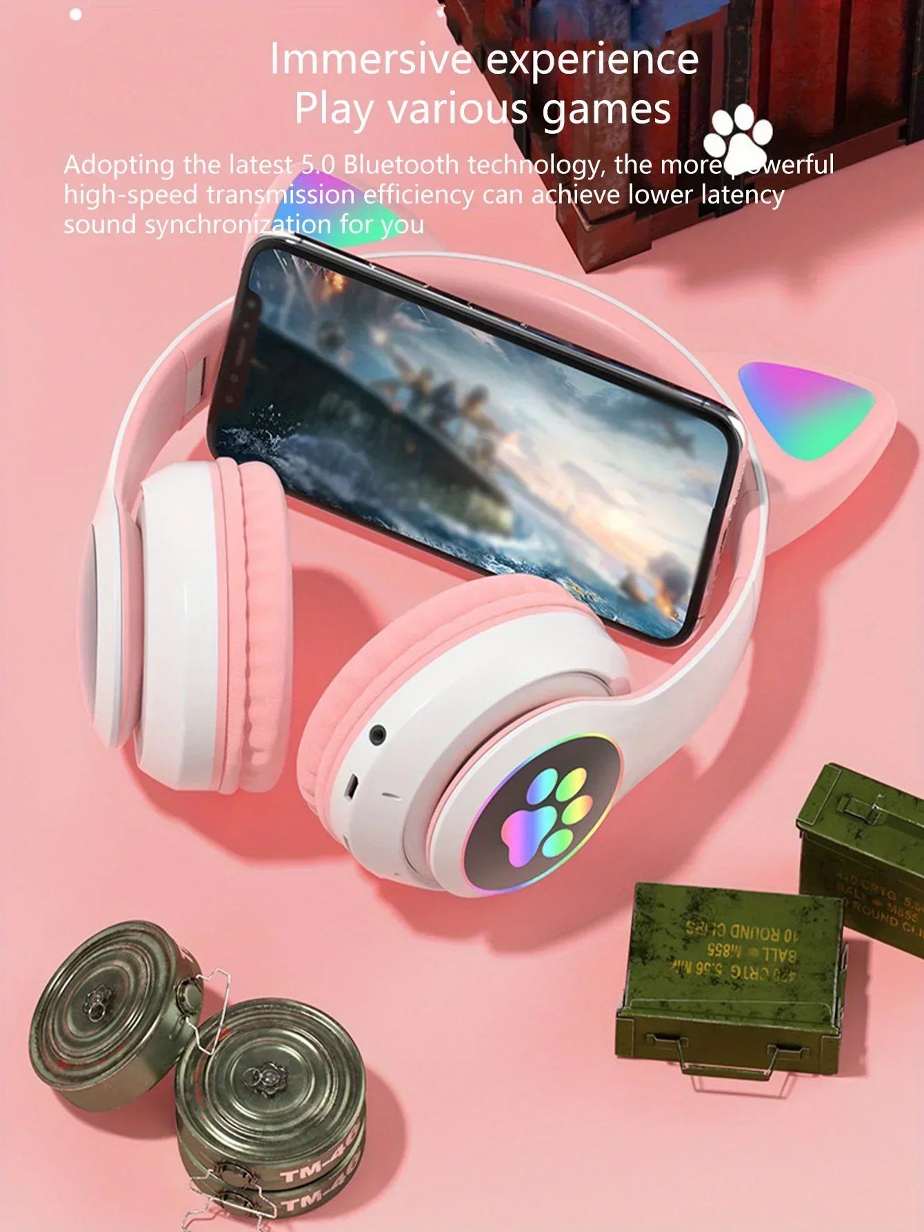 Auriculares Inalámbricos Gamer con Orejas de Gato RGB y Micrófono