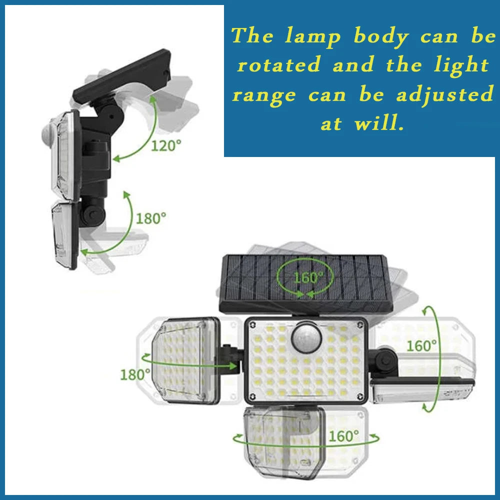 Lámpara Solar 4 Cabezales 122LED 3000 Lúmenes Sensor de Movimiento