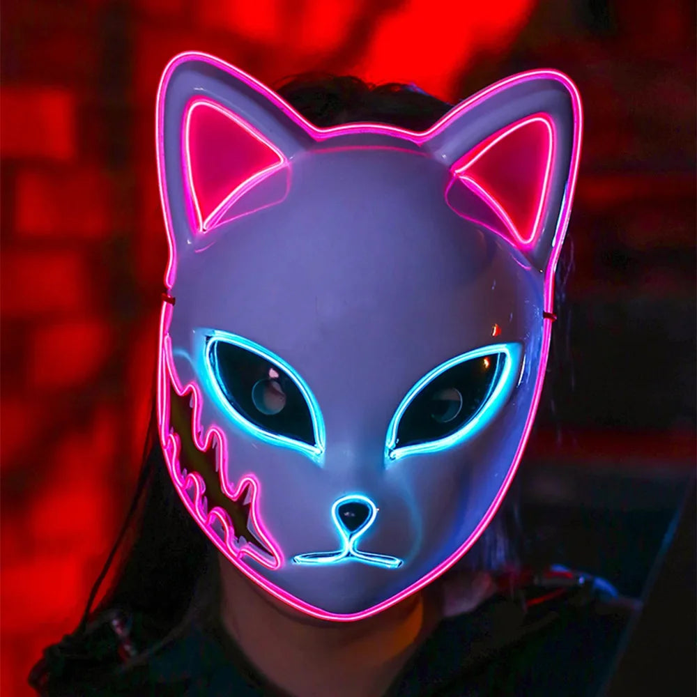 1 máscara facial Led brillante Demon Slayer, accesorio de Cosplay de Anime, cara de gato, zorro, Halloween, luz fría, máscara intermitente, disfraz de fiesta