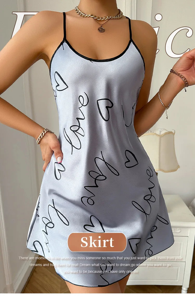Camisón con estampado de corazón Vestido de dormir elegante con cuello redondo y espalda cruzada Ropa de dormir para mujer