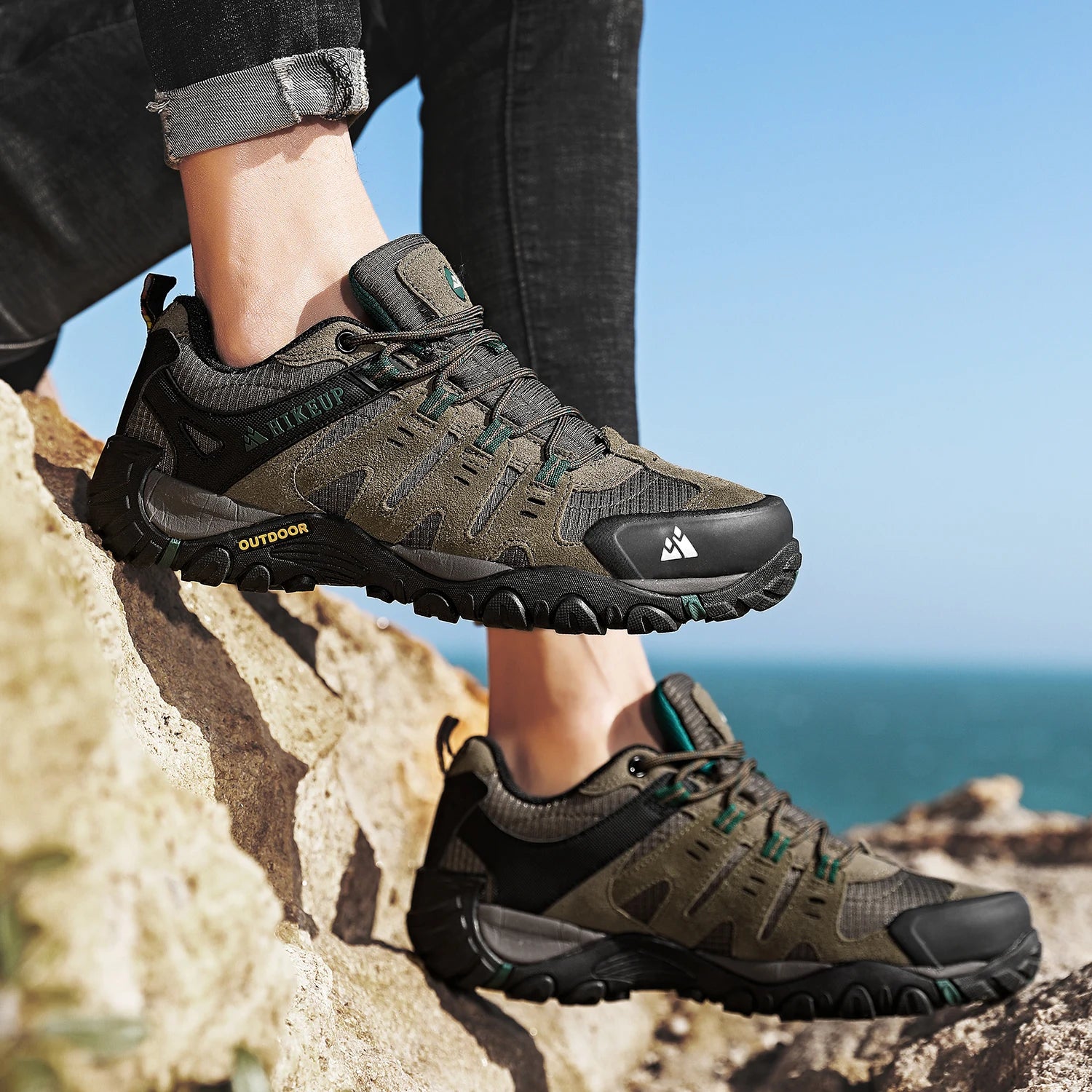 Zapatos de senderismo HIKEUP para hombre, zapatos de exterior de piel de ante, zapatillas tácticas resistentes al desgaste para senderismo, caminar y cazar