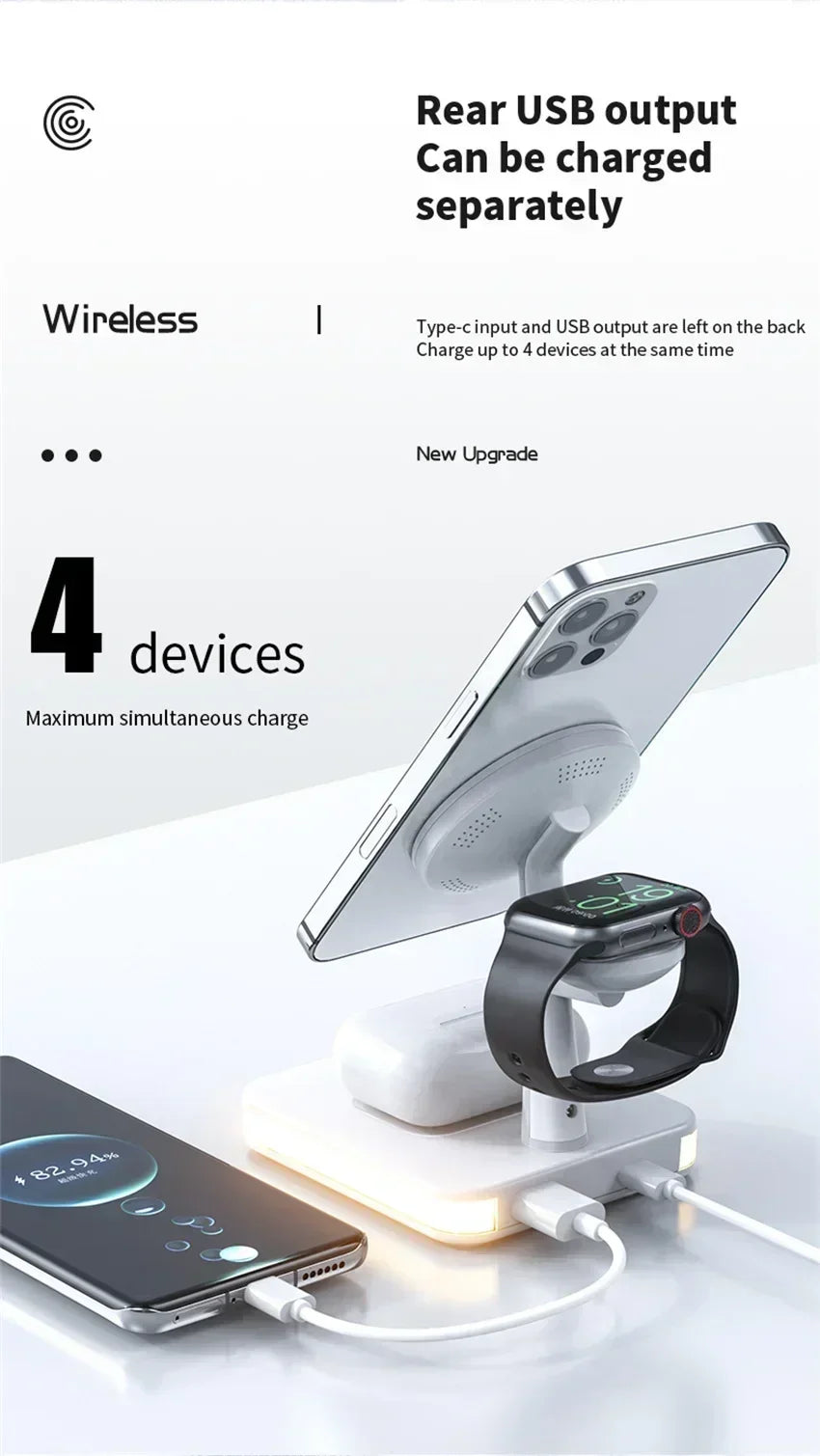 Base de Carga Inalámbrica Magnética 3 en 1 con LED para Escritorio, Compatible con iPhone 17~12 Pro Max, Airpods Pro y Apple Watch, Estación de Carga Rápida