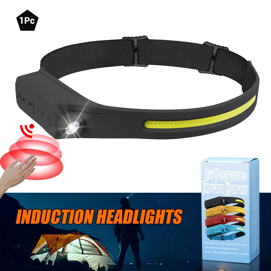 Linterna Frontal LED XPE+COB Recargable USB con Sensor Táctil