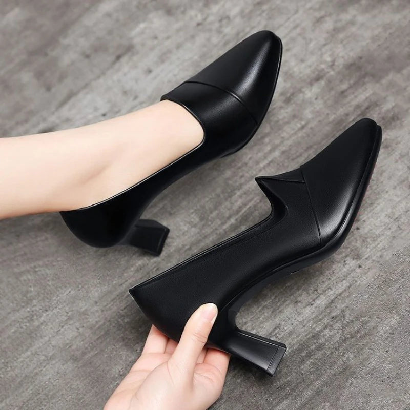 Zapatos de Tacón Grueso con Punta en Pico para Mujer, Zapatos de Oficina y Carrera, Corte en V, Acabado Mate, Clásicos, Elegantes y Cómodos