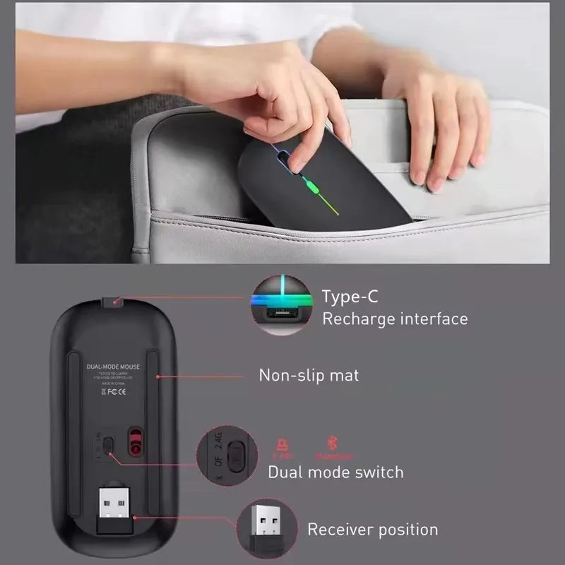 Ratón inalámbrico LED, recargable por USB, compatible con Bluetooth, RGB, silencioso, ergonómico, con retroiluminación, para ordenador portátil, PC y ipad