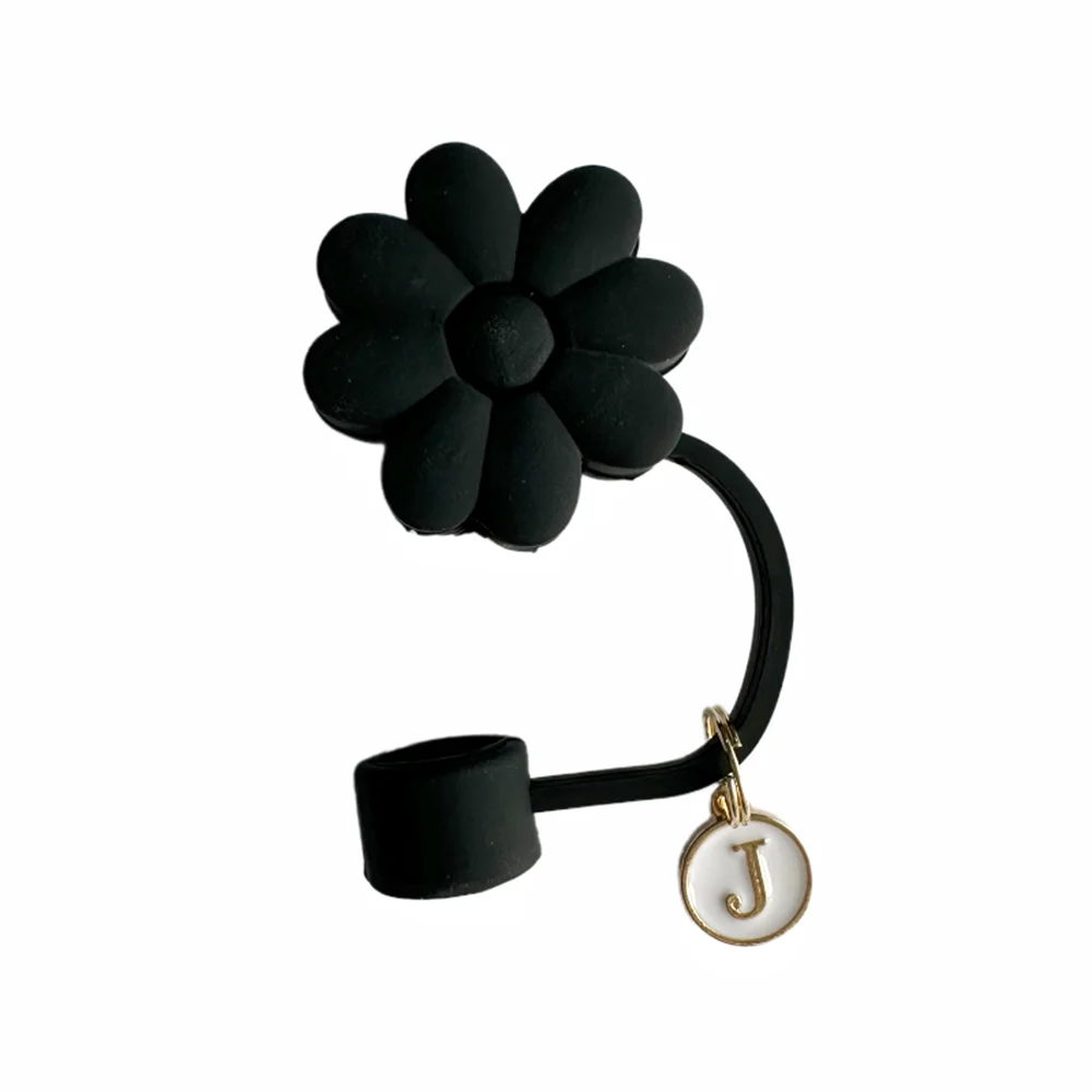 Tapas de Paja de Silicona con Diseño Floral - 26 Letras (Negro)