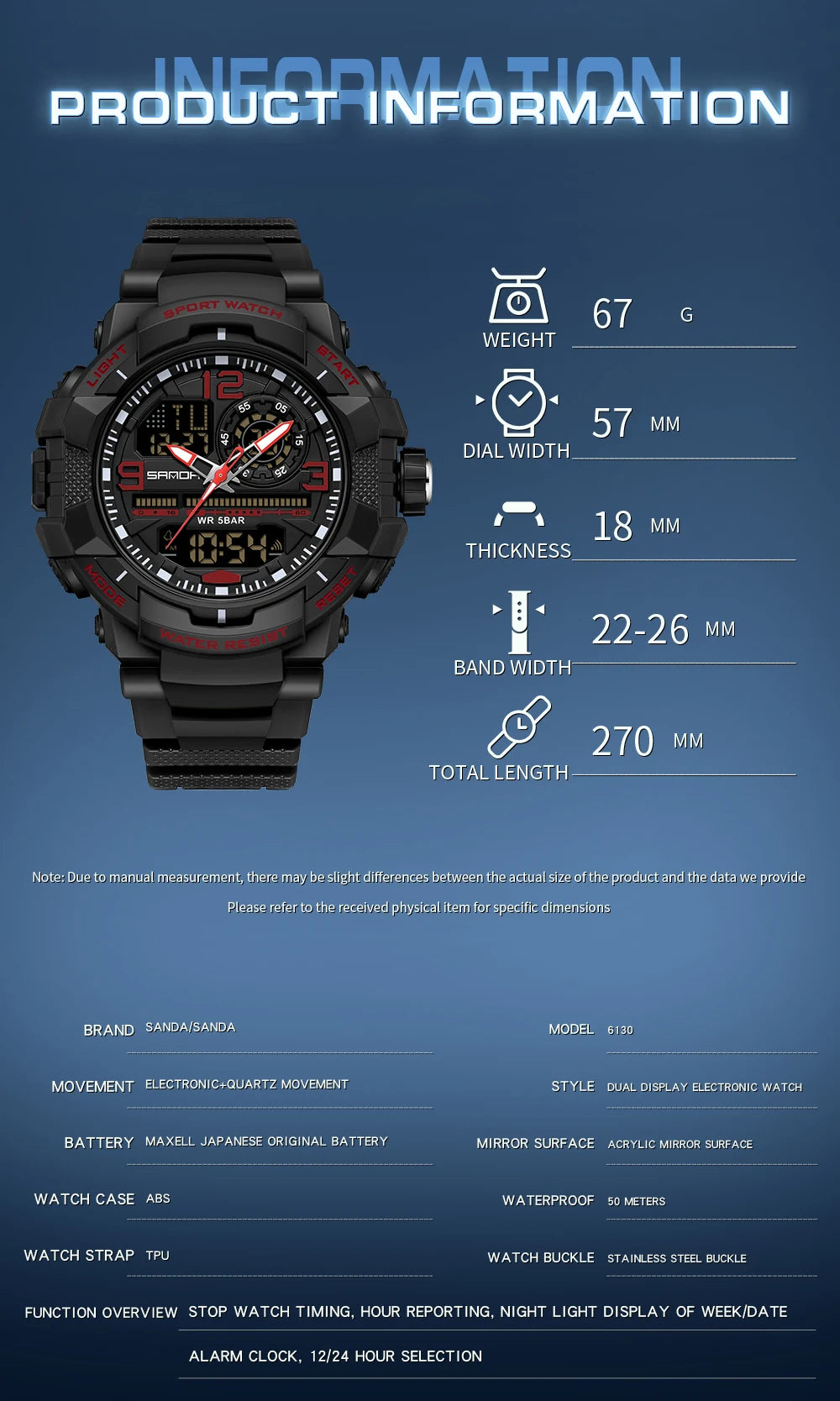 Reloj Deportivo SANDA Doble Pantalla para Hombre con Cronómetro