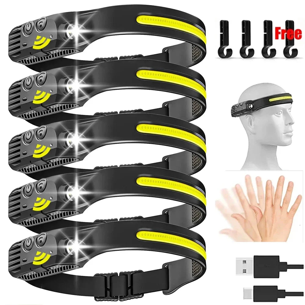 Linterna Frontal LED Recargable USB con Sensor para Camping y Pesca