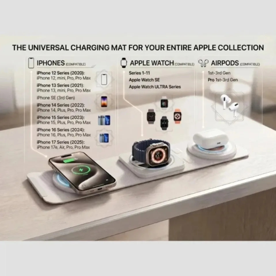 Cargador inalámbrico plegable 3 en 1, base de carga rápida para iPhone, Apple Watch, AirPods Pro, portátil, para viajes, hogar, oficina, uso diario