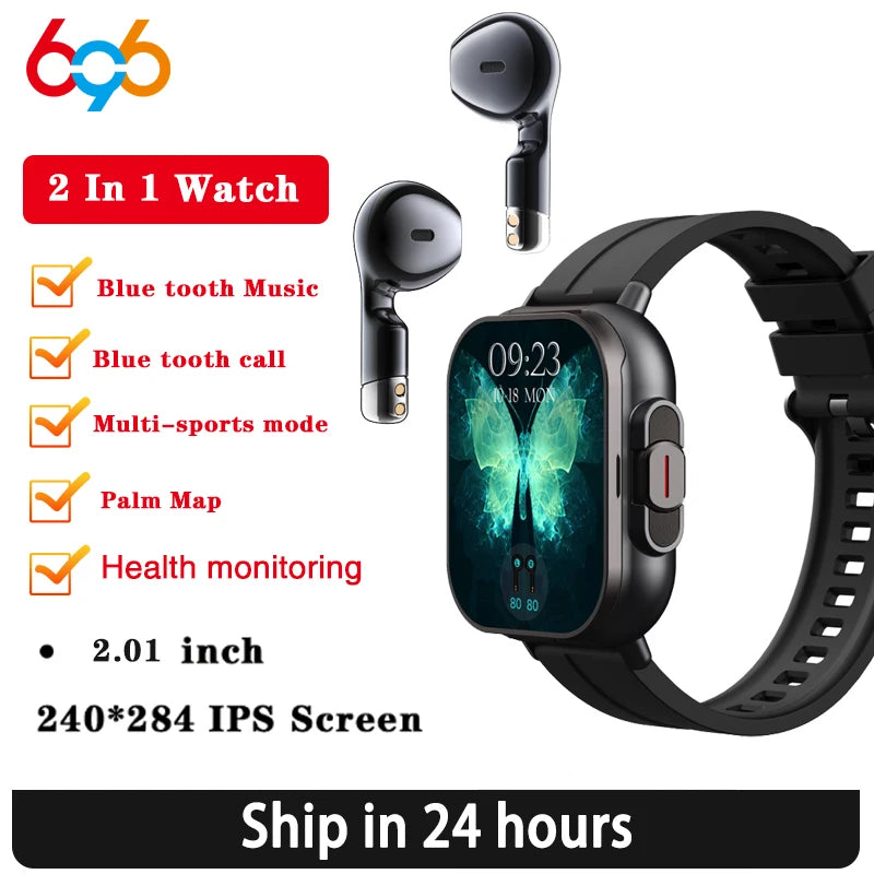 BT llamada diente azul auriculares relojes 2,01 "auriculares 2 en 1 reloj inteligente ritmo cardíaco deporte Fitness pulsera TWS auricular Smartwatch