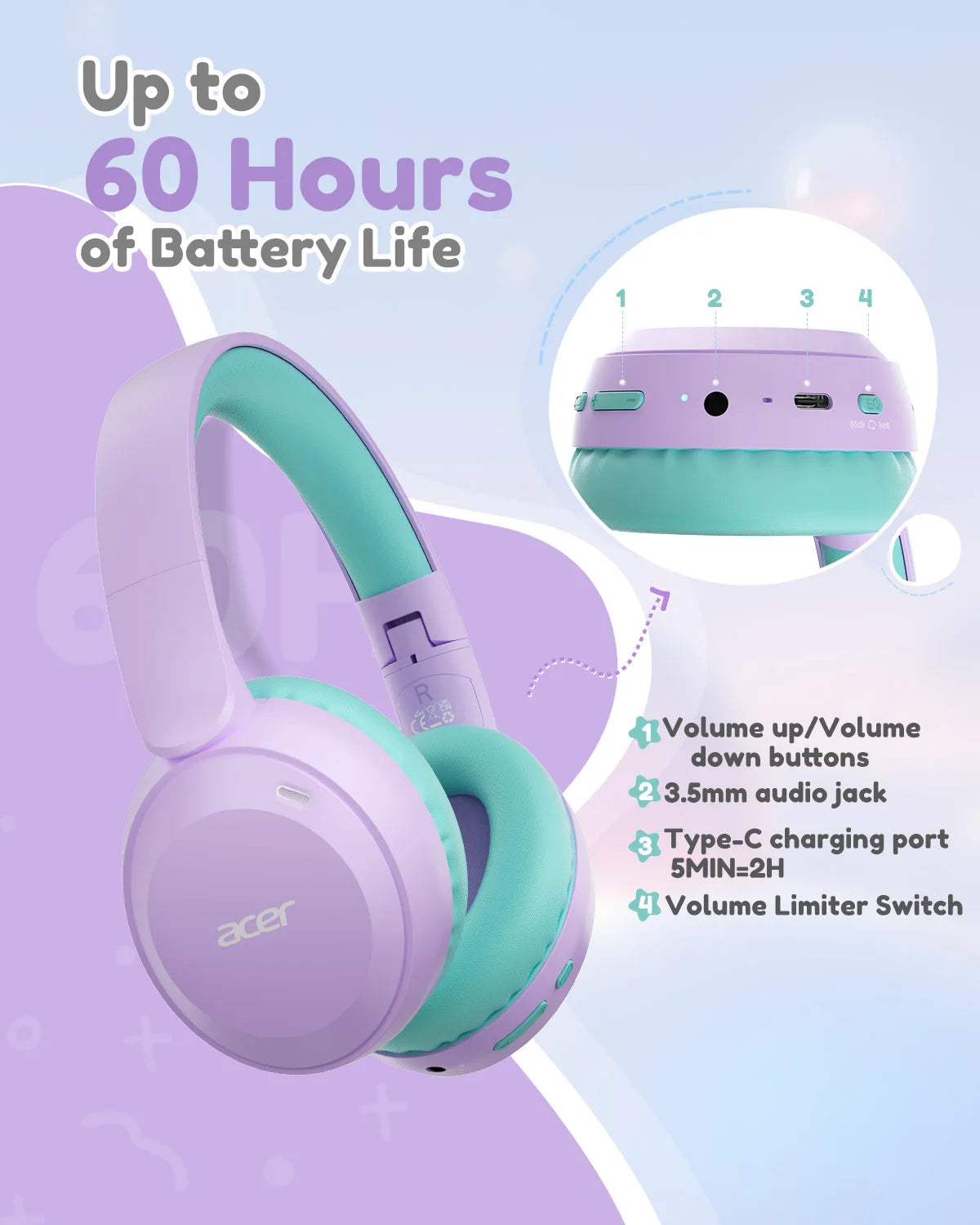 Acer Auriculares Infantiles Bluetooth 6.0 Volumen Limitado