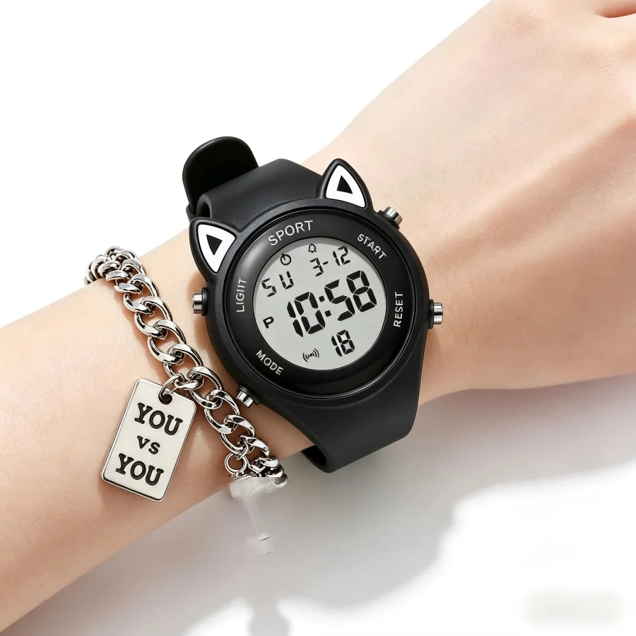 Reloj infantil con orejas de gato y pulsera, reloj digital impermeable, reloj deportivo electrónico LED para niñas, niños, estudiantes, regalo para niños