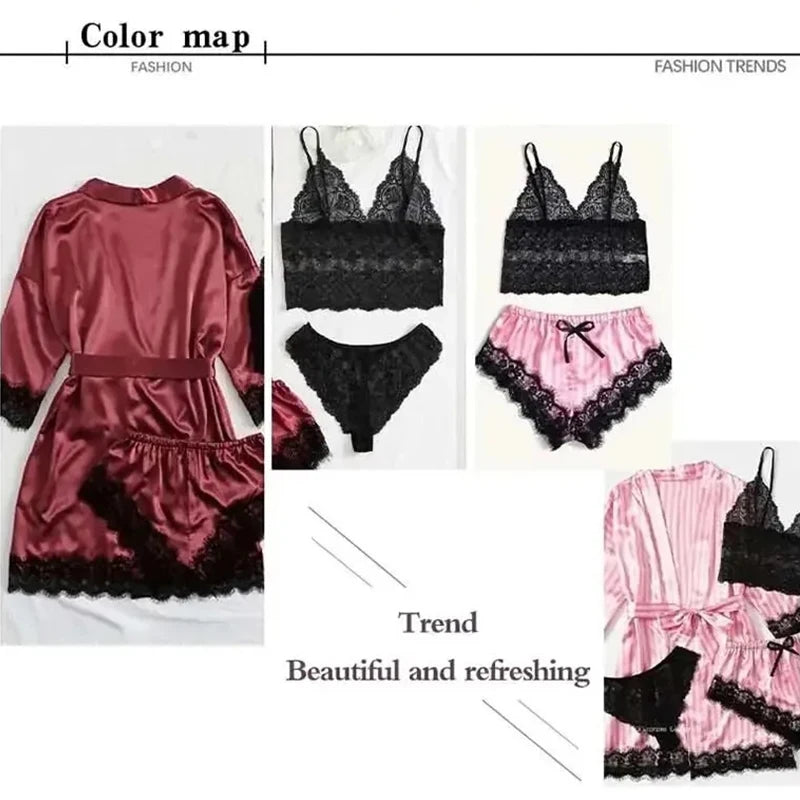 Conjunto de Pijama Sedoso con Encaje para Mujer - Camisón Sexy