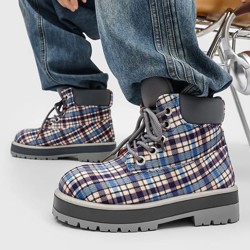 Botas de tobillo a cuadros para hombre con cordones y suela antideslizante