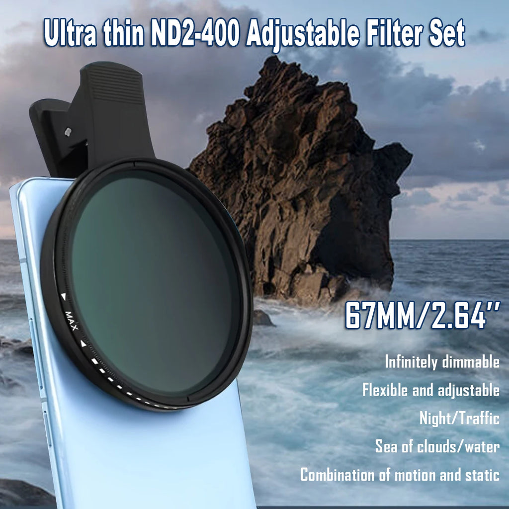 Filtro ND Variable 67MM ND2-400 con Clip para Teléfono