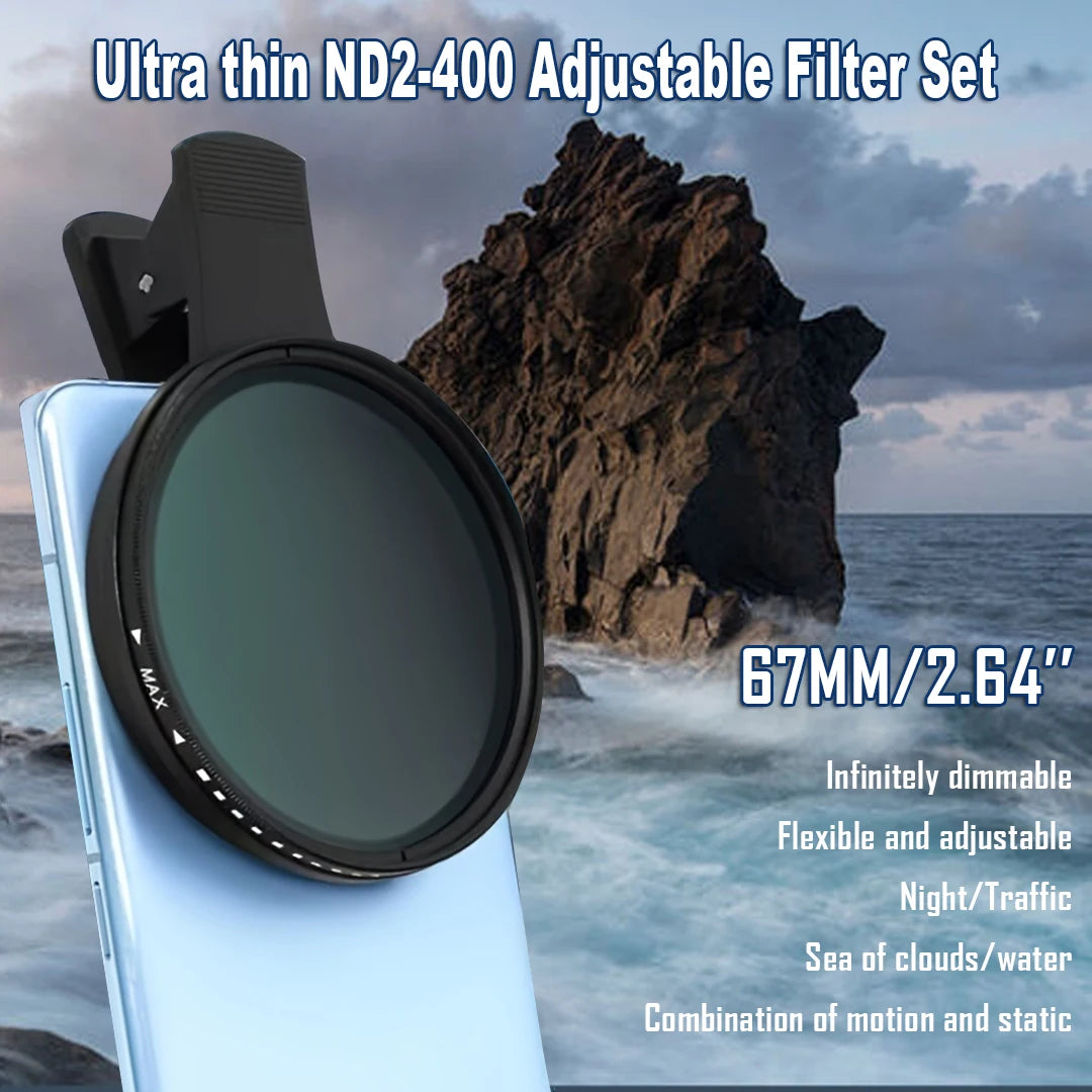 Filtro ND Variable 67MM ND2-400 con Clip para Teléfono
