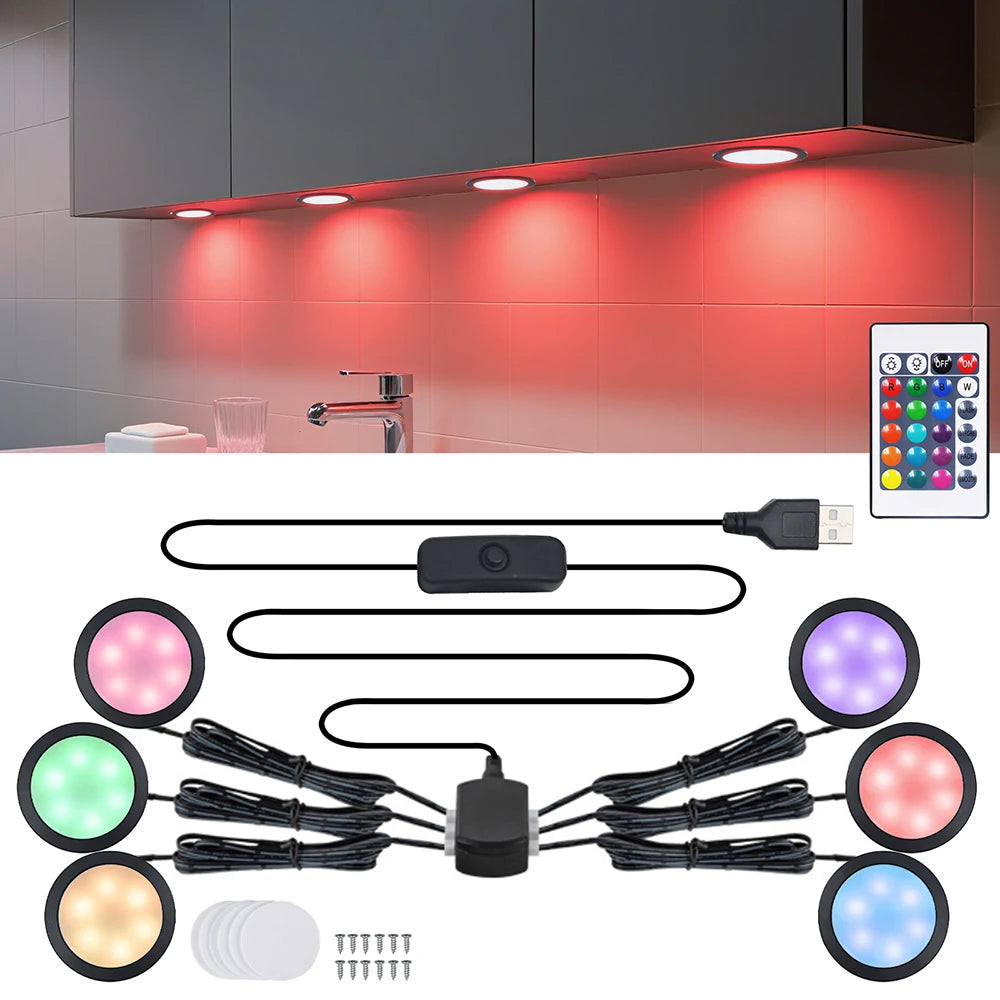 Luz RGB remota de 24 teclas para debajo de gabinete, interruptor USB de 5V, Kit de 1 2 4 6 luces, lámpara delgada para vitrina de cocina, acento de escritorio para Bar en casa