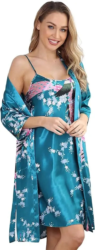 Conjunto de camisón y kimono de satén floral para mujer con camisola, ropa de dormir de 2 piezas, albornoz de pavo real