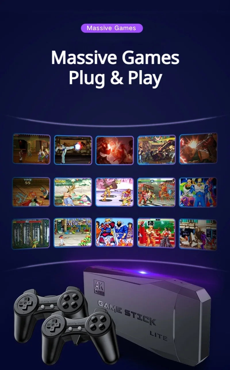 Consola de Videojuegos Retro 4K HD Game Stick Lite con Dos Controles Inalámbricos 2.4G, Plug & Play, con Juegos Clásicos Integrados