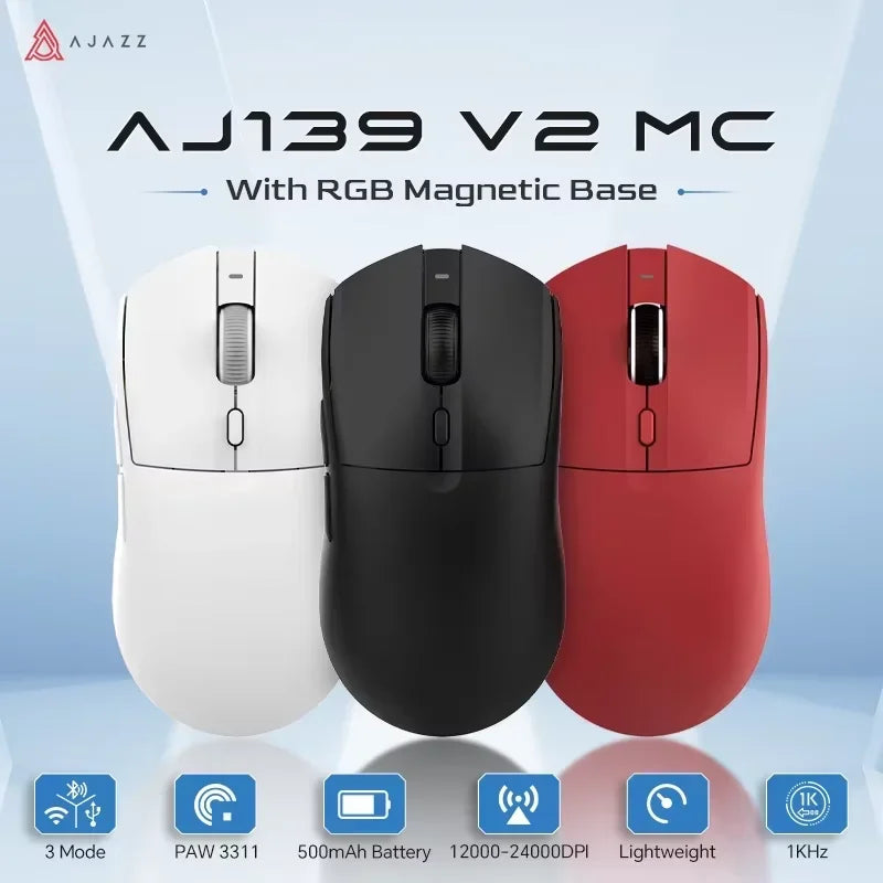 Ratón inalámbrico para juegos AJAZZ AJ139 V2 MC PAW3311 con Base de carga magnética RGB 24000DPI Bluetooth/ratones con cable, PC Gamer